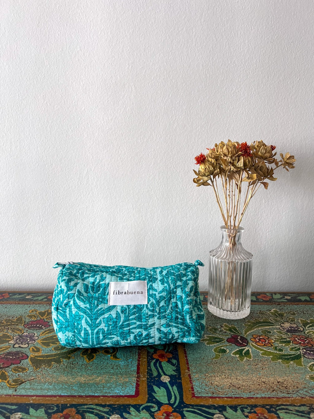 Neceser con motivos florales en tonos turquesa - Talla S