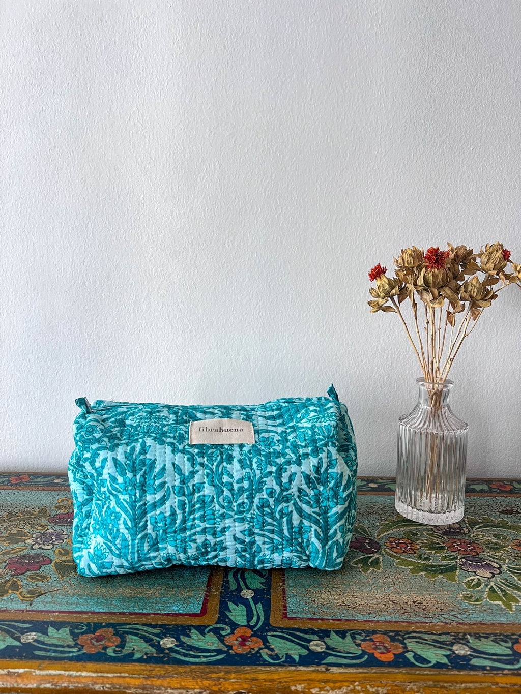 Neceser con motivos florales en tonos turquesa - Talla L